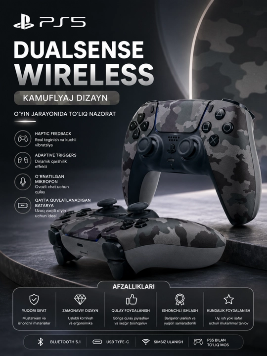 PS5 DualSense Simsiz Controller – Bluetooth, Vibratsiya va Premium O‘yin Joystigi - 
