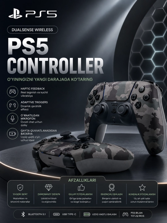 Беспроводной контроллер PS5 DualSense с Bluetooth, вибрацией и премиальным дизайном - 