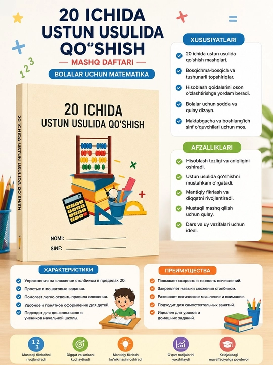 20 ichida ustun usulida qo‘shish mashq daftari Bolalar uchun matematika - 