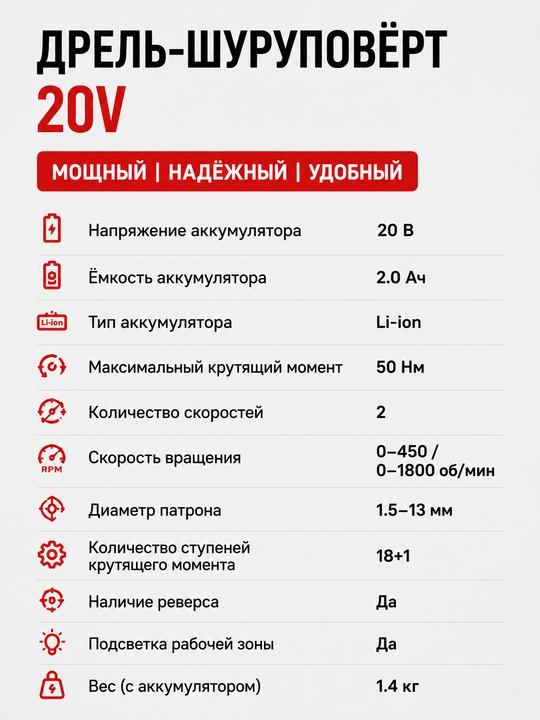 20V cho‘tkasiz akkumulyatorli drel-shurupovert, 2.0 Ah, 50 Nm