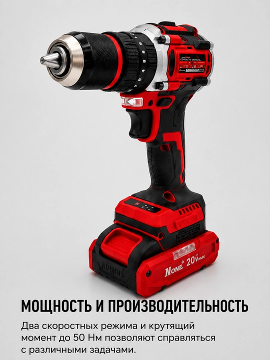 Аккумуляторная бесщёточная дрель-шуруповёрт 20V, 2.0 Ач, 50 Нм - 