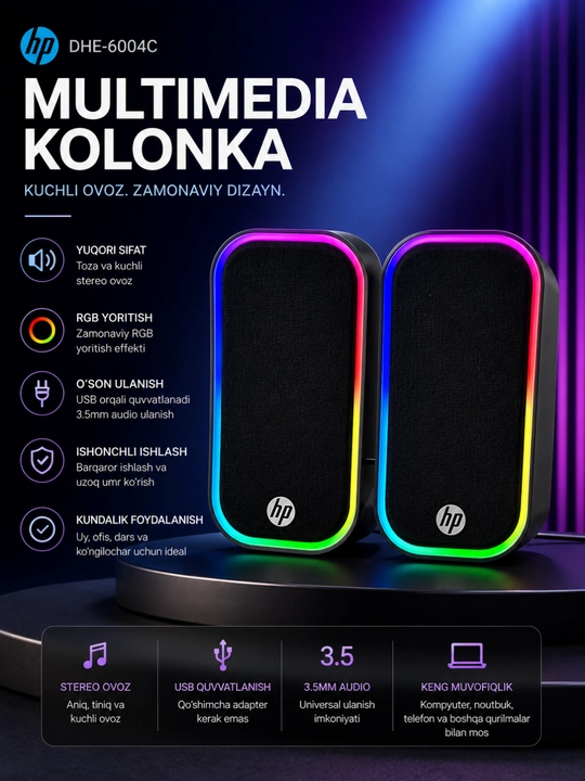 Hp dhe-6004c usb multimedia dinamiklari, rgb yoritishli stereo kompyuter karnaylari - 
