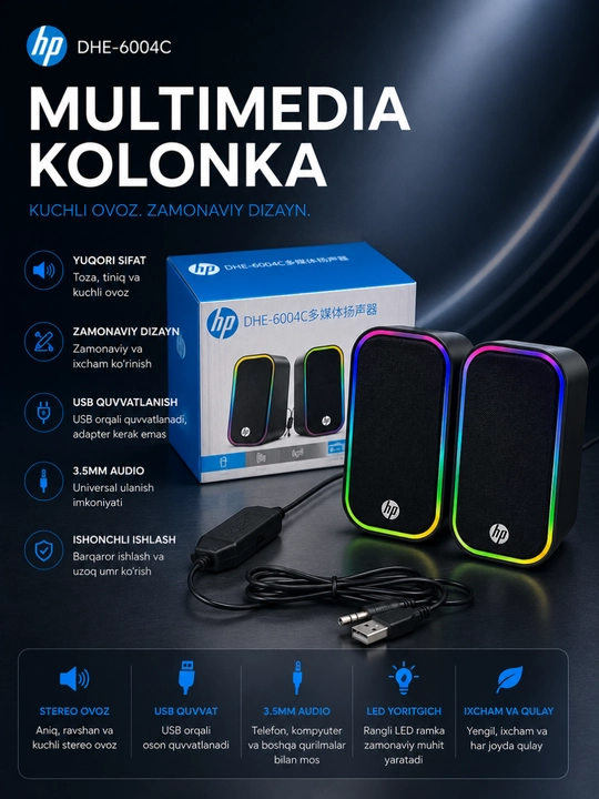 HP DHE-6004C USB Multimedia Dinamiklari, RGB Yoritishli Stereo Kompyuter Karnaylari - 