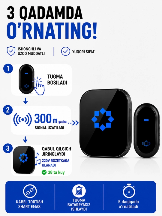 Simsiz eshik qo'ng'irog'i – 300 m, IP68, batareyasiz tugma, 38 ohang, 220V