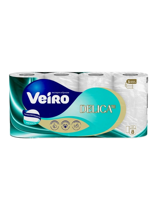Veiro Delicate Белая Туалетная бумага, 3 слоя, 8 рулонов