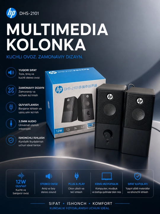 HP DHS-2101 USB Multimedia Stereo Dinamiklari, 12W Kompyuter va Noutbuk uchun Karnaylar - 