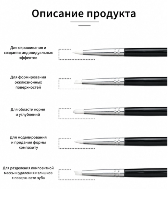 Кисти силиконовые, для моделирования композита, стоматологические, набор 5 шт