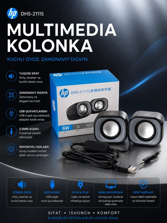 HP DHS-2111 multimedia kolonka – kuchli va tiniq stereo tovush - 