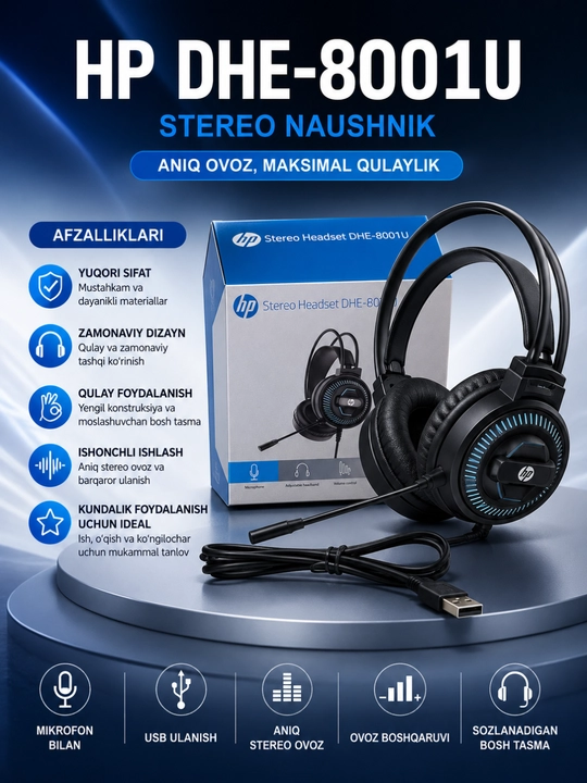 Hp stereo headset dhe-8001u usb mikrofonli quloqchin kompyuter va noutbuk uchun qora - 