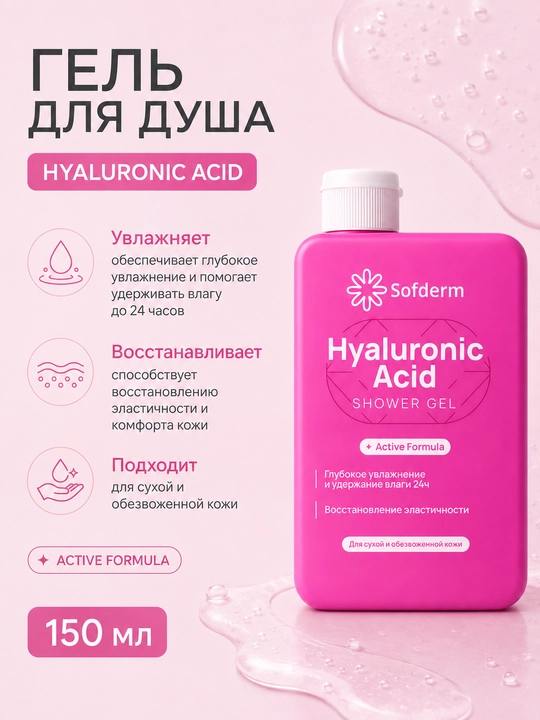 Dush uchun namlantiruvchi gel Sofderm Hyaluronic Acid gialuron kislotali, atir, 150 ml - 