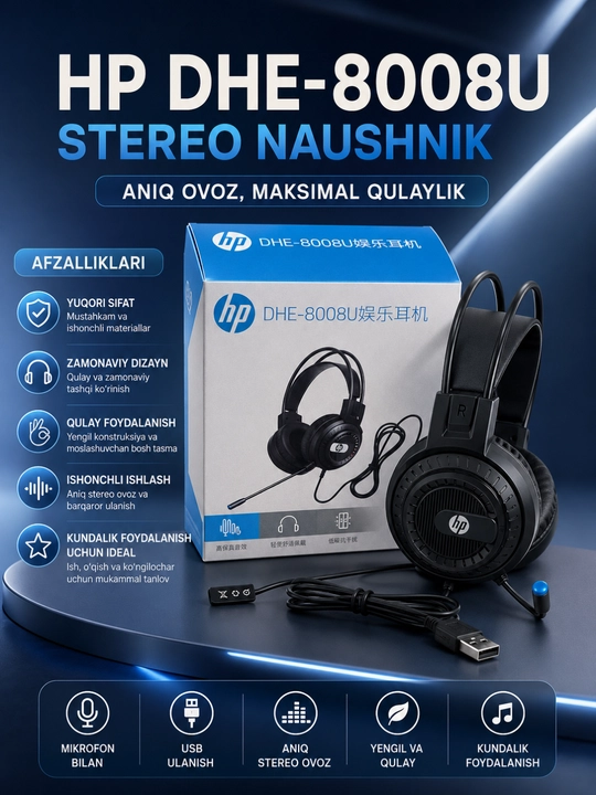 HP Stereo Headset DHE-8008U USB Mikrofonli Simli Quloqchin, Kompyuter va Noutbuk uchun - 