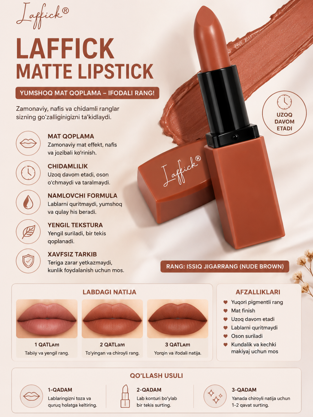 LAFFICK Diamond Beauty mat lab bo'yog'i, uzoq saqlanuvchi, namlovchi, 3 xil rang