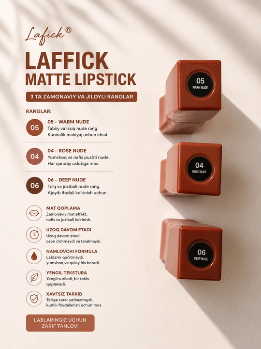 LAFFICK Diamond Beauty mat lab bo'yog'i, uzoq saqlanuvchi, namlovchi, 3 xil rang