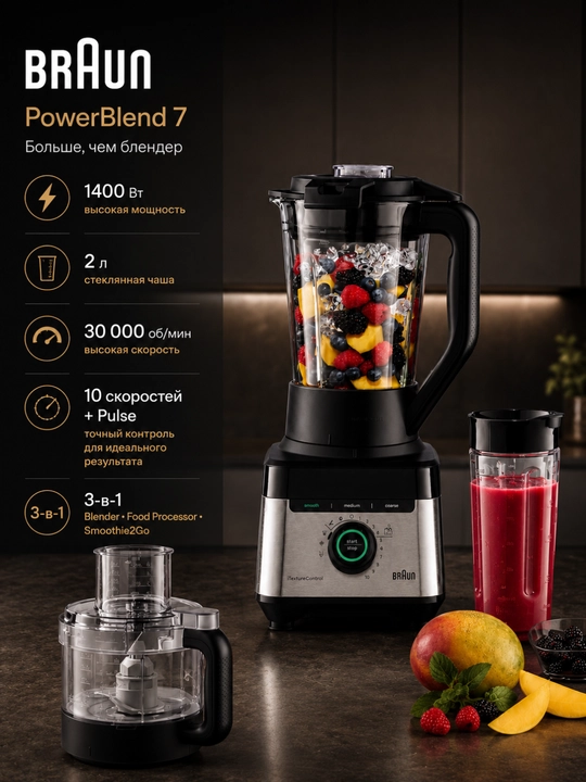 Блендер стационарный Braun JB7568BK PowerBlend 7, 1400 Вт, 3 в 1, стеклянная чаша 2 л - 