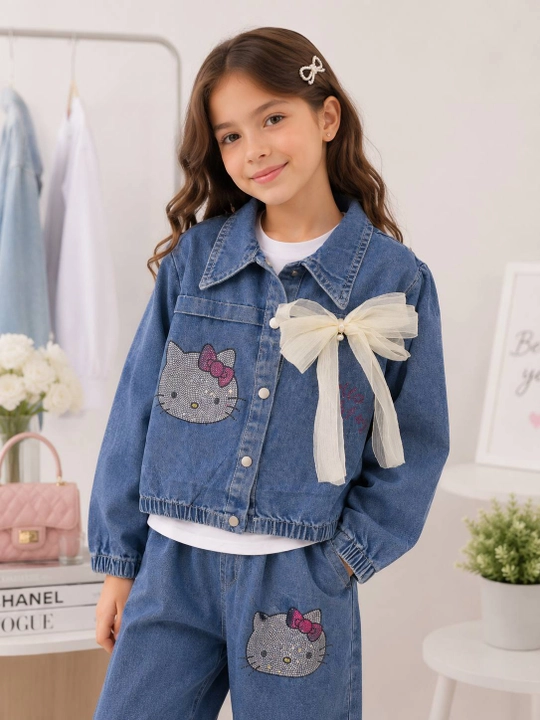 Джинсовый костюм для девочки, тройка, Hello Kitty, детский комплект, 8-13 лет