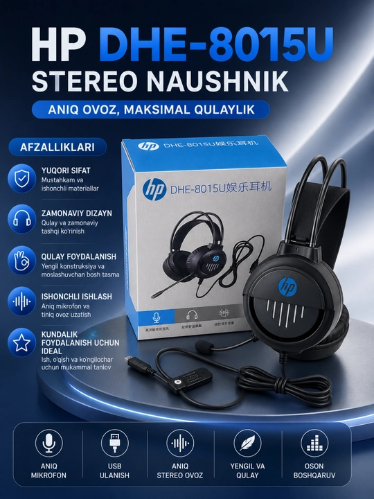 Hp dhe-8015u usb mikrofonli simli stereo quloqchin, kompyuter va noutbuk uchun qora - 