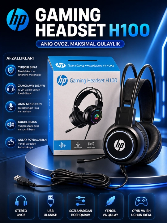 Hp h100 gaming headset rgb mikrofonli simli quloqchin, kompyuter va notebuk uchun - 