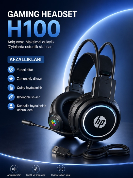 Игровая гарнитура HP H100 с RGB-подсветкой, проводная, с микрофоном, для ПК и ноутбука - 