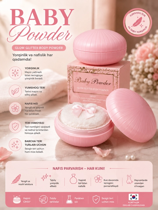 Пудра для тела Baby Powder Glow Glitter с эффектом сияния, 100 г - 