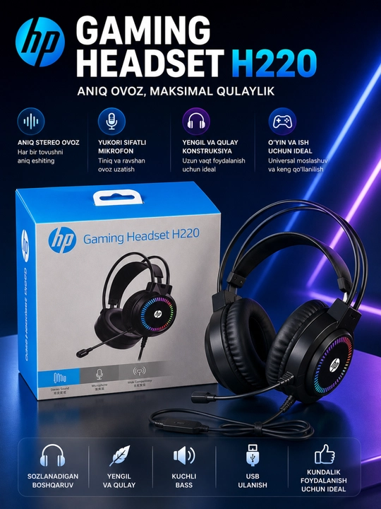 Hp h220 rgb gaming headset mikrofonli simli quloqchin, kompyuter va noutbuk uchun - 