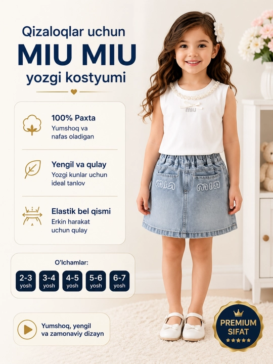 Двойка, Летний комплект для девочек: белый топ и джинсовая юбка MIU MIU, 2-6 лет