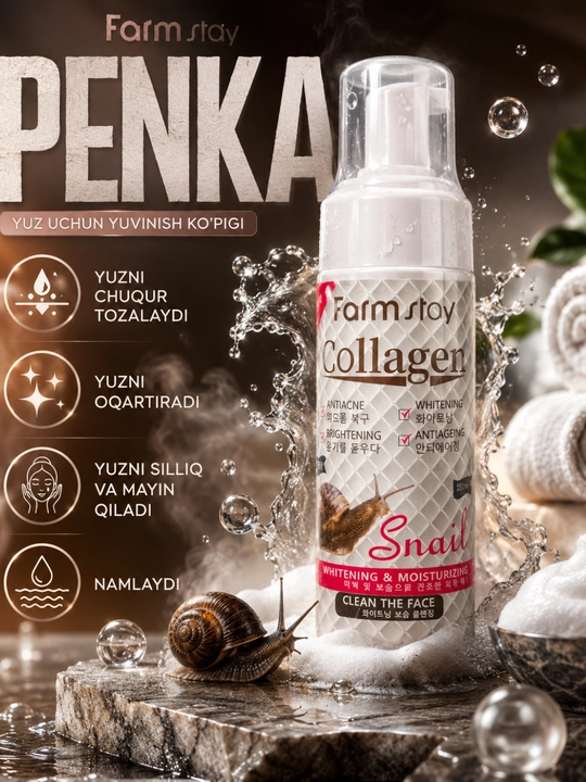 Yuz yuvish ko'pigi, kollagen ko'pigi, snail foam, namlovchi yuz yuvish, Farm Stay - 