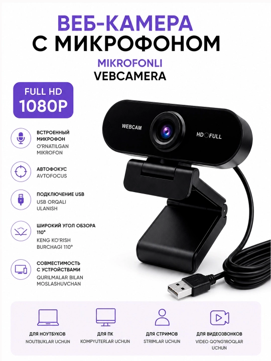 Универсальная Web камера в встроенным микрофоном WEBCAM 1080HD USB без установки драйверов - 