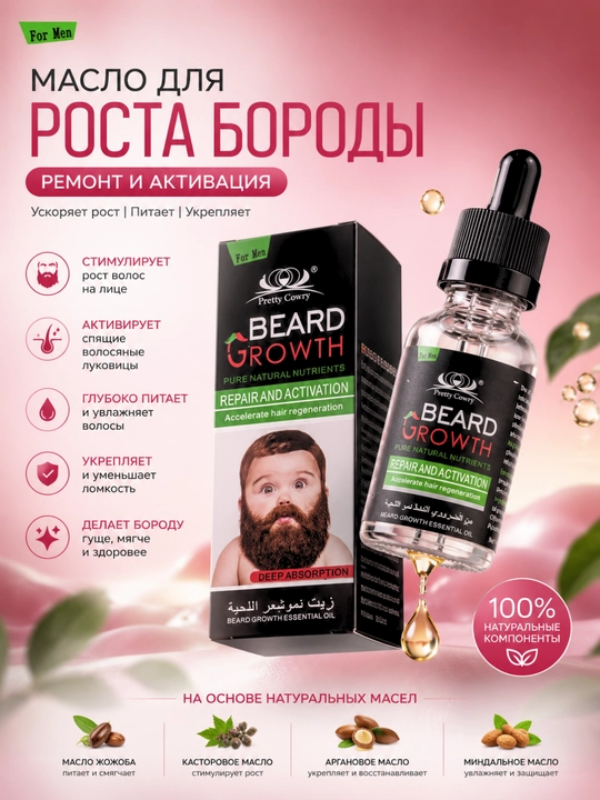 Масло для роста бороды + Derma Roller набор Beard Growth Oil, средство для густой бороды