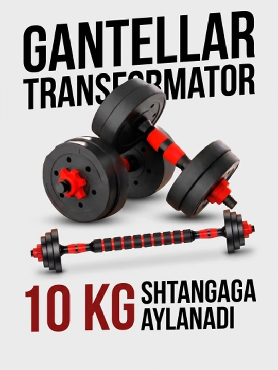 Gantel va shtanga, 2 tasi 1 da, 10, 15, 20va 25 kg - kuch mashqlari uchun uy to‘plami - 