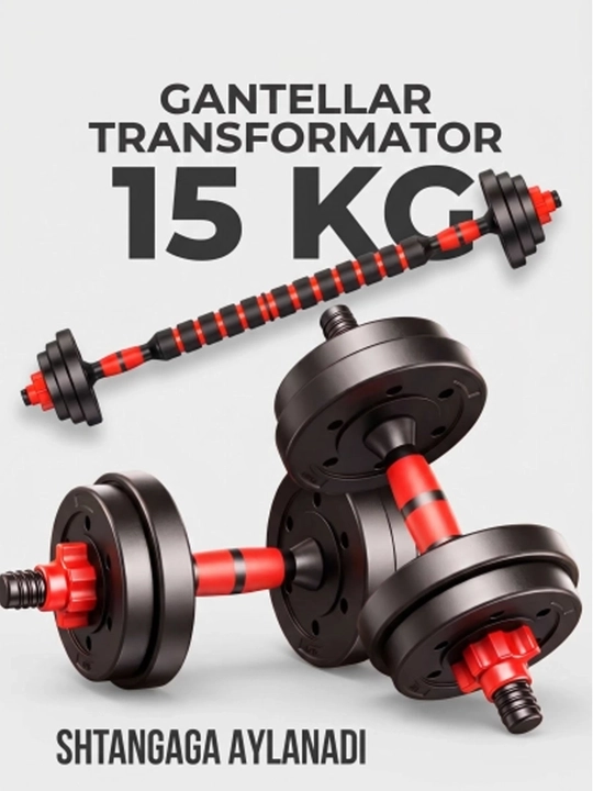 Gantel va shtanga, 2 tasi 1 da, 10, 15, 20va 25 kg - kuch mashqlari uchun uy to‘plami - 