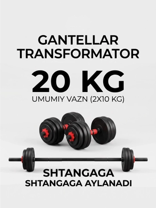 Gantel va shtanga, 2 tasi 1 da, 10, 15, 20va 25 kg - kuch mashqlari uchun uy to‘plami - 