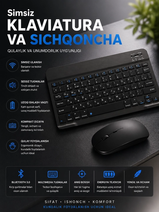 Simsiz Klaviatura va Sichqoncha To‘plami, 2.4GHz USB Wireless Keyboard & Mouse Combo - 