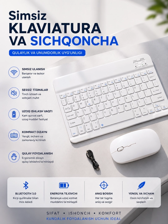 Simsiz Klaviatura va Sichqoncha To‘plami, 2.4GHz USB Wireless Keyboard & Mouse Combo - 