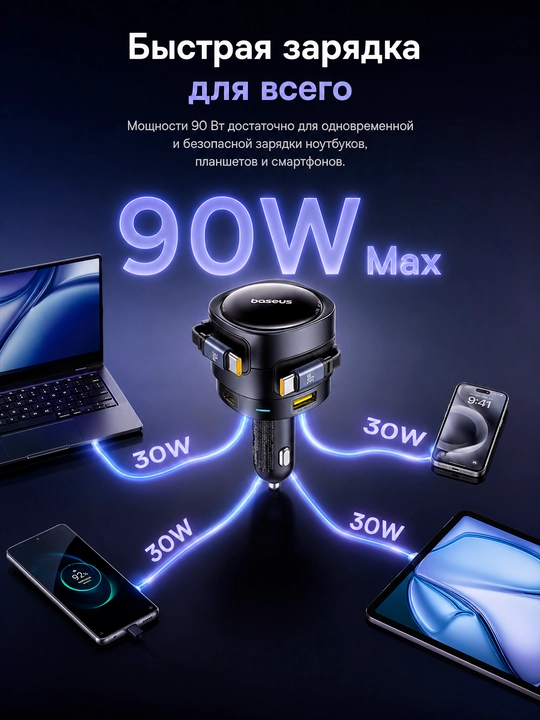 Avto quvvatlagich Baseus Enjoyment Max 90W, tortiladigan Type-C kabellari