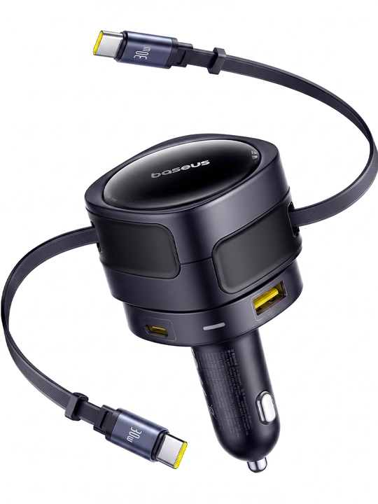 Avto quvvatlagich Baseus Enjoyment Max 90W, tortiladigan Type-C kabellari