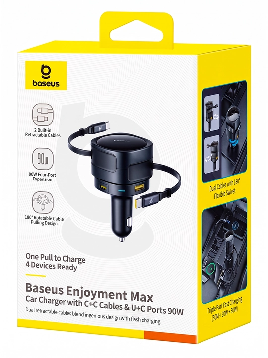 Avto quvvatlagich Baseus Enjoyment Max 90W, tortiladigan Type-C kabellari
