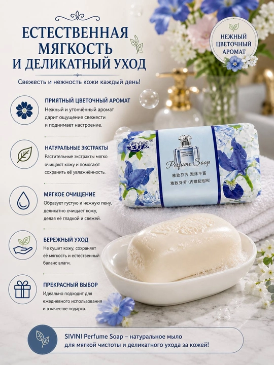 Perfume Soap xushbo‘y pardoz-andoz sovuni,qo‘l, yuz va tana uchun, 2 ta xushbo‘y hidga ega