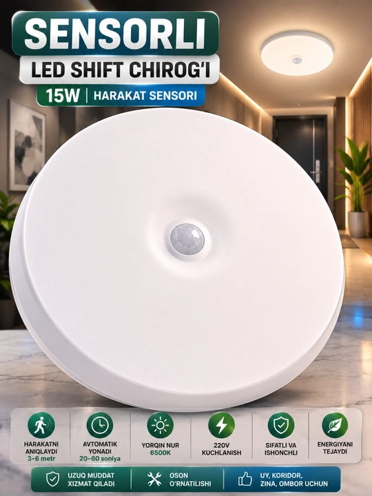 Sensorli LED shift chirog'i 20W dumaloq, PIR harakat sensori, 220V, 6500K - 