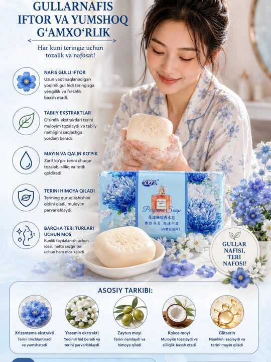 Perfume Soap xushbo‘y pardoz-andoz sovuni,qo‘l, yuz va tana uchun, 2 ta xushbo‘y hidga ega