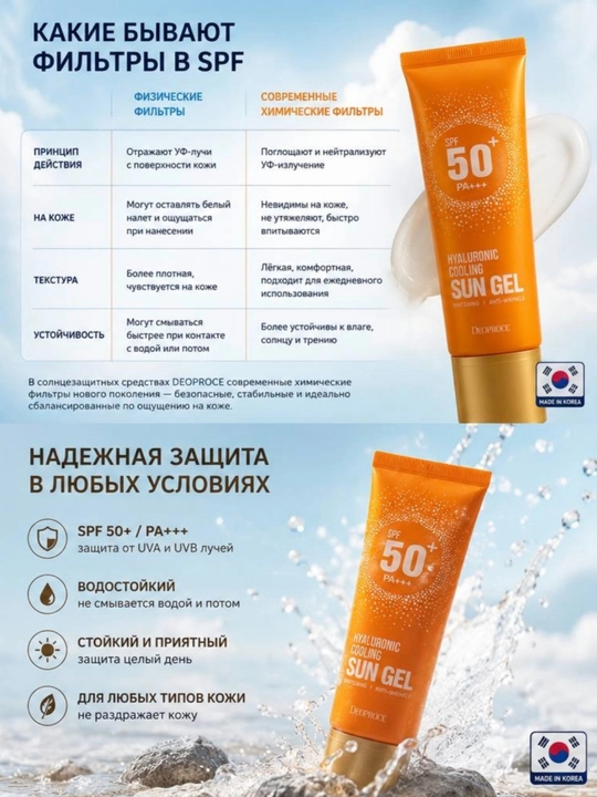 Koreys quyoshdan himoyalovchi krem-gel SPF 50+ PA+++ yuz uchun namlantiruvchi krem