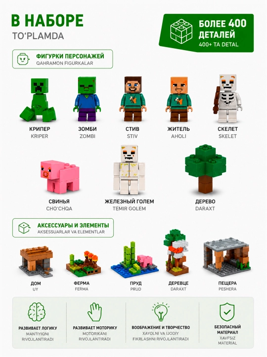 Блочный пластиковый конструктор Minecraft sj8802, более 400х деталей, совместим с Lego