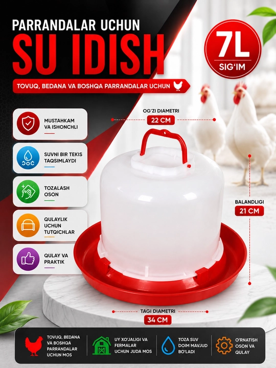 Parrandalar uchun 7 L suv idishi. Avtomatik suv idishi. Plastik ichimlik idishi - 
