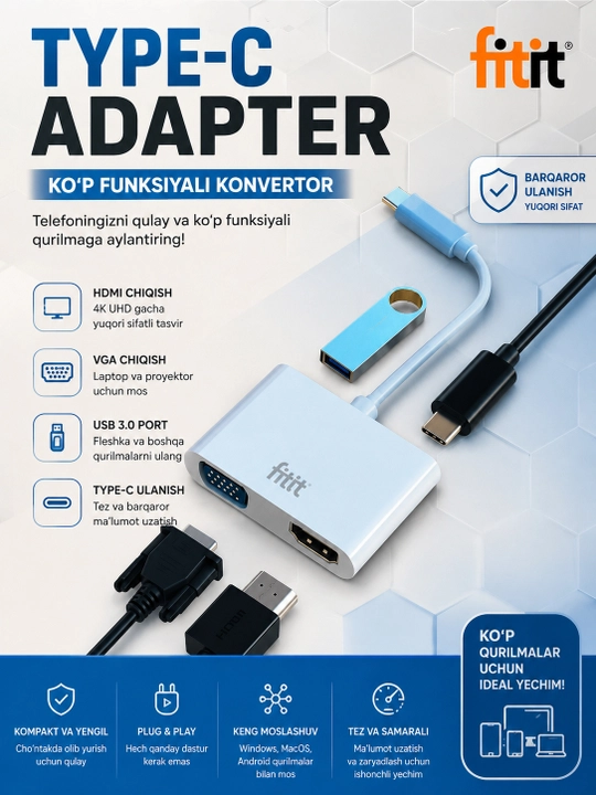 HUB Type-C 3 tasi 1 da, USB-C PD 100W quvvatlash, HDMI4K 30Hz, USB-A 3.0 portli - FITIT