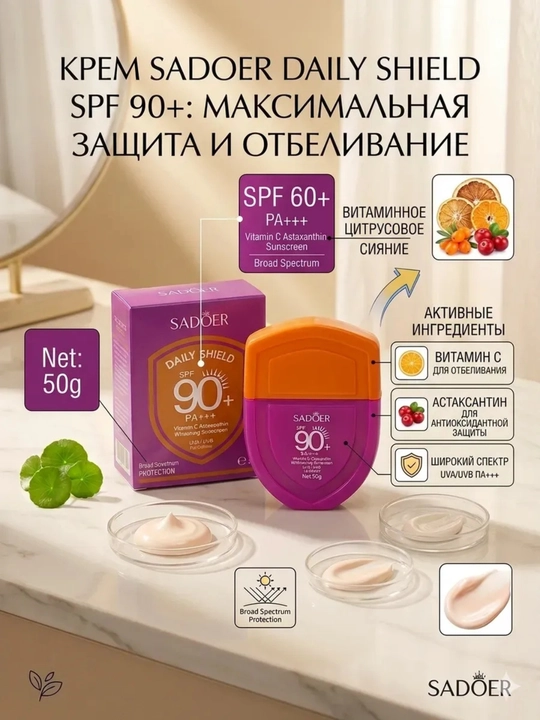 Солнцезащитный крем SPF 50+, увлажняющий, для лица и тела, защита UVA/UVB SADOER