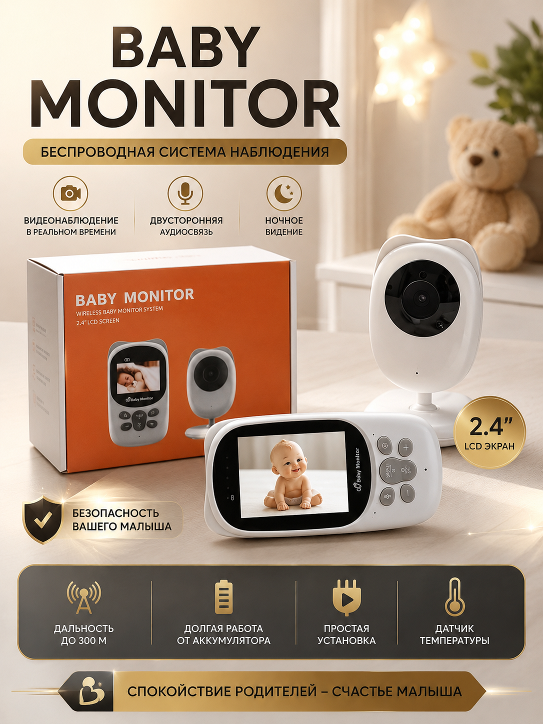 Беспроводной Baby Monitor 2.4" LCD, Ночное Видение, Двусторонняя Связь - 