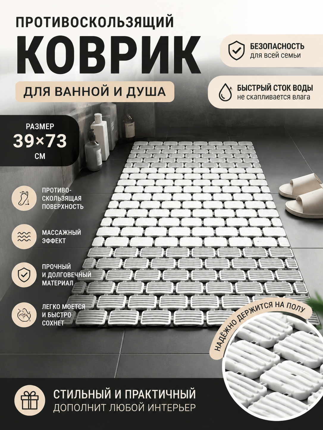 Универсальный коврик, для ванны, туалета, придверный, размер 39х73 - 