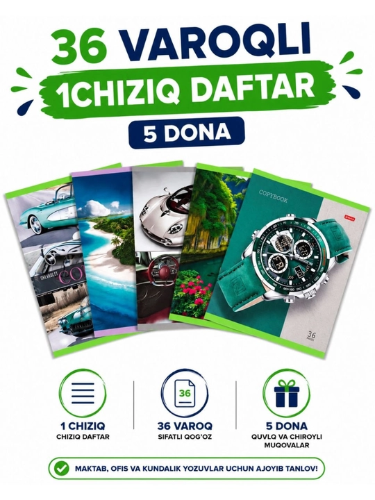 Daftar 36, 48, 96 varaq, A5, 1 chiziqli umumiy daftarlar 5, 10 dona - 