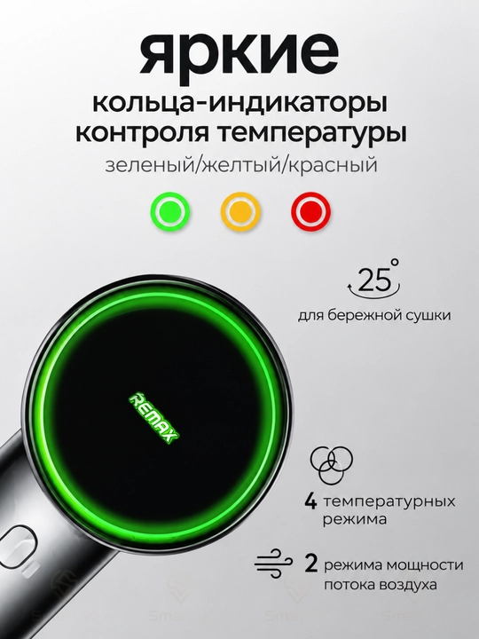 Фен REMAX HD06, 1600 Вт, ионизация, 2 скорости и 4 температурных режима