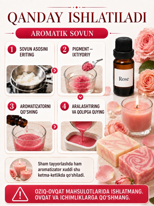 Sham va sovun uchun xushbo‘y hid, aromatizator, atirlar