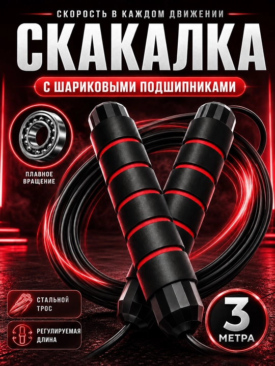 Скакалка с металлическим тросом и подшипником, регулируемая длина - 